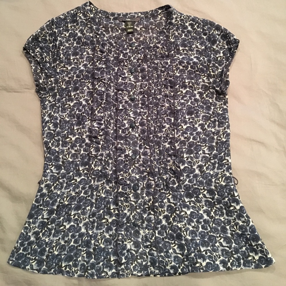H&M blue flowers printed sheet blouse, sz 4 EUC